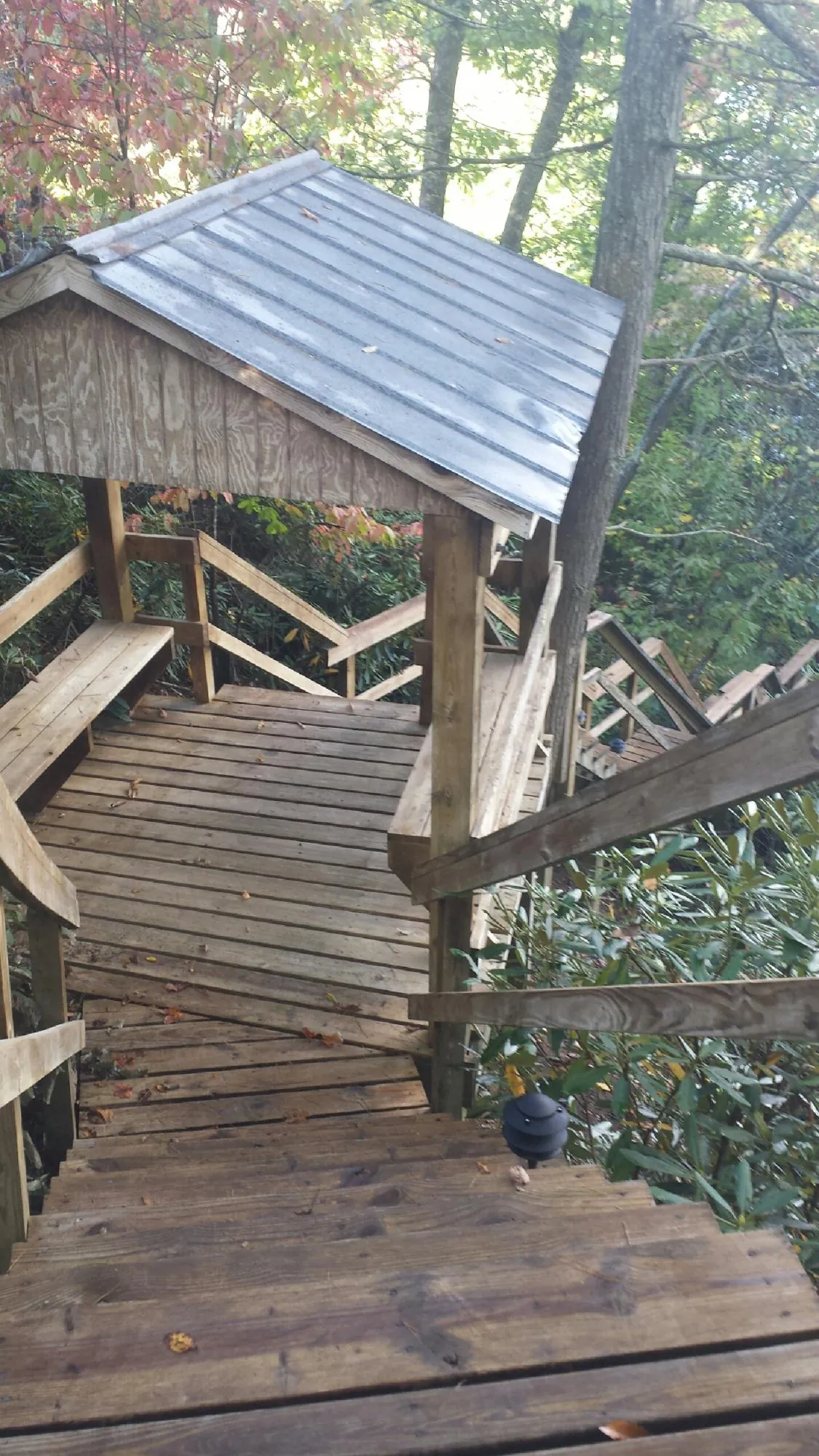 Metal roofed shelter over wooden steps on a wooded walkway — Skylight Repair & Installation work by our crew in Confluence